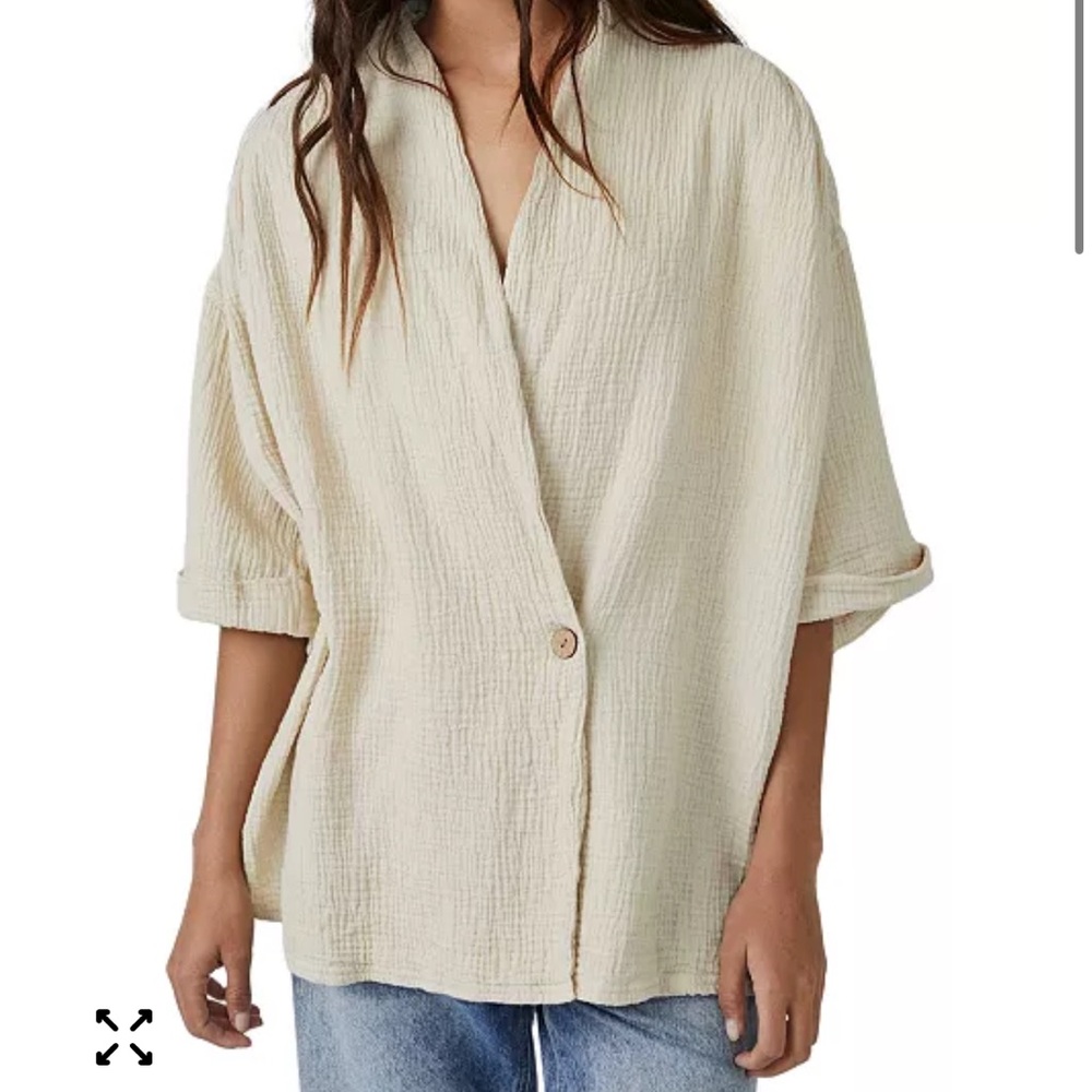 Free People Cream Textured Cotton Blazer Top